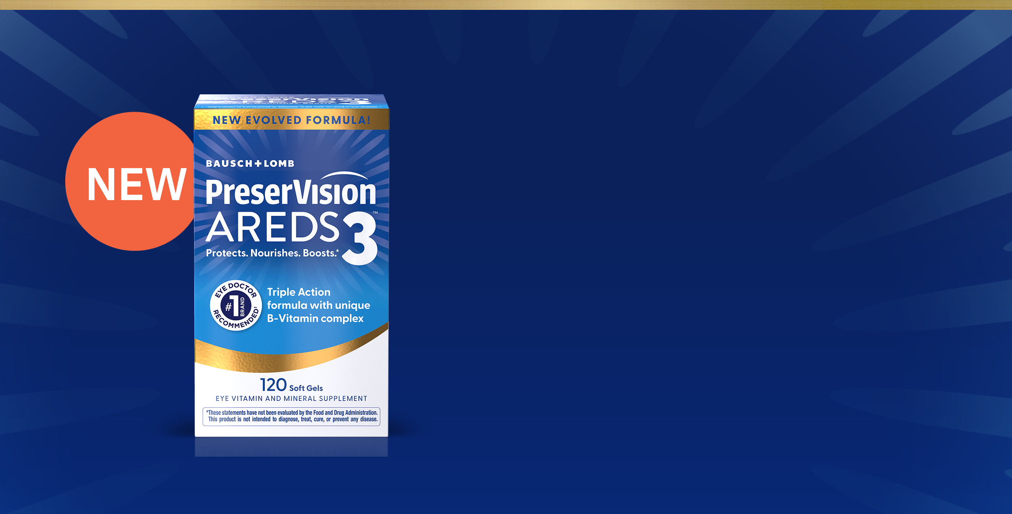 PreserVision AREDS 3 Soft Gels package with orange New sticker in the top left.