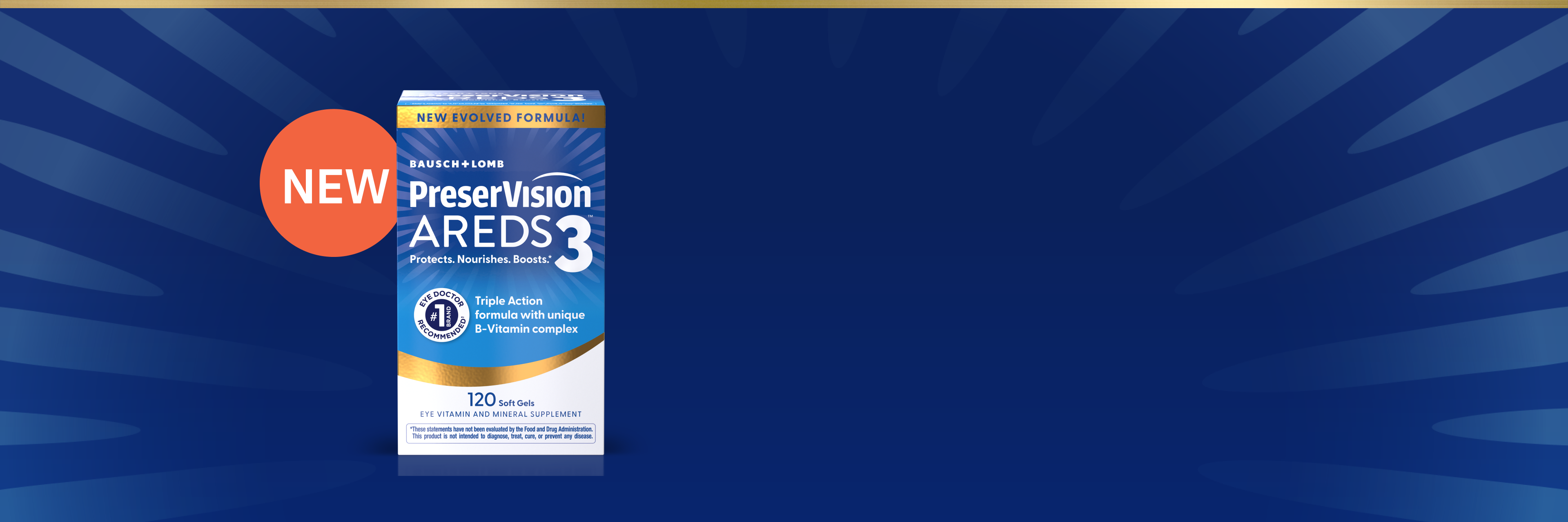 PreserVision AREDS 3 Soft Gels package with orange New sticker in the top left.