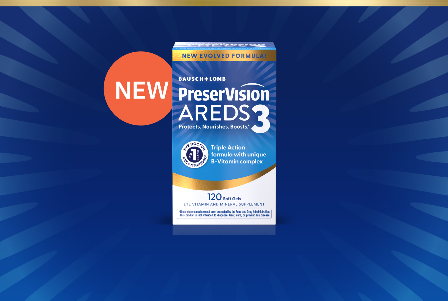 PreserVision AREDS 3 Soft Gels package with orange New sticker in the top left.