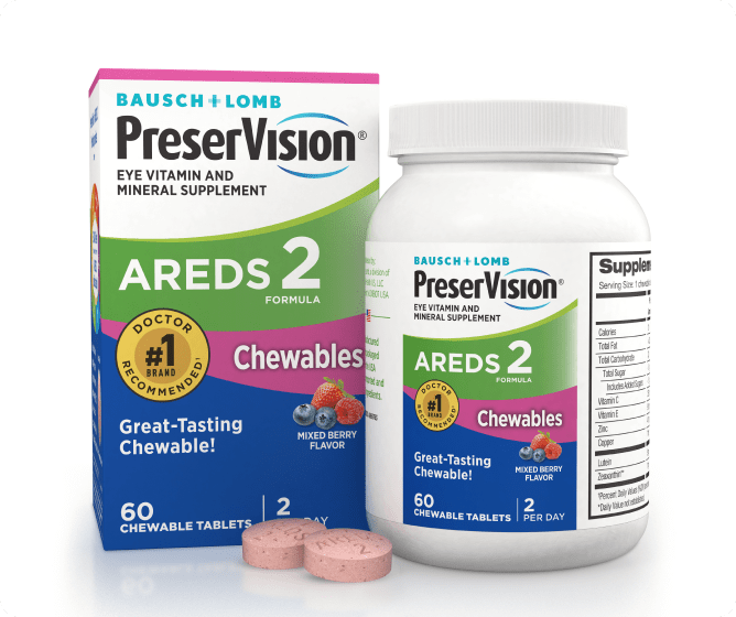PreserVision AREDS 2 Chewables package and bottle with two tabs at the base