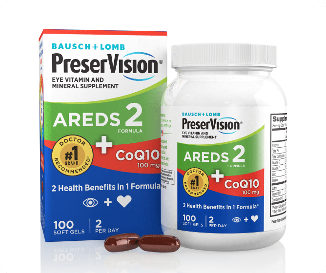 PreserVision AREDS 2 CoQ10 package and bottle with two gels at the base