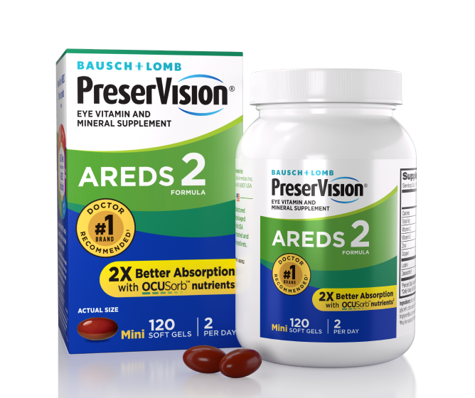 PreserVision AREDS 2 package and bottle with two gels at the base 